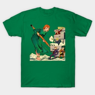 REVISTANGO #95 - Towering Redhead Defends Herself with Colossal Pencil Against Office Gunmen Amid Flying Papers and Chaos in Classic Midcentury Comic Style Retro T-Shirt